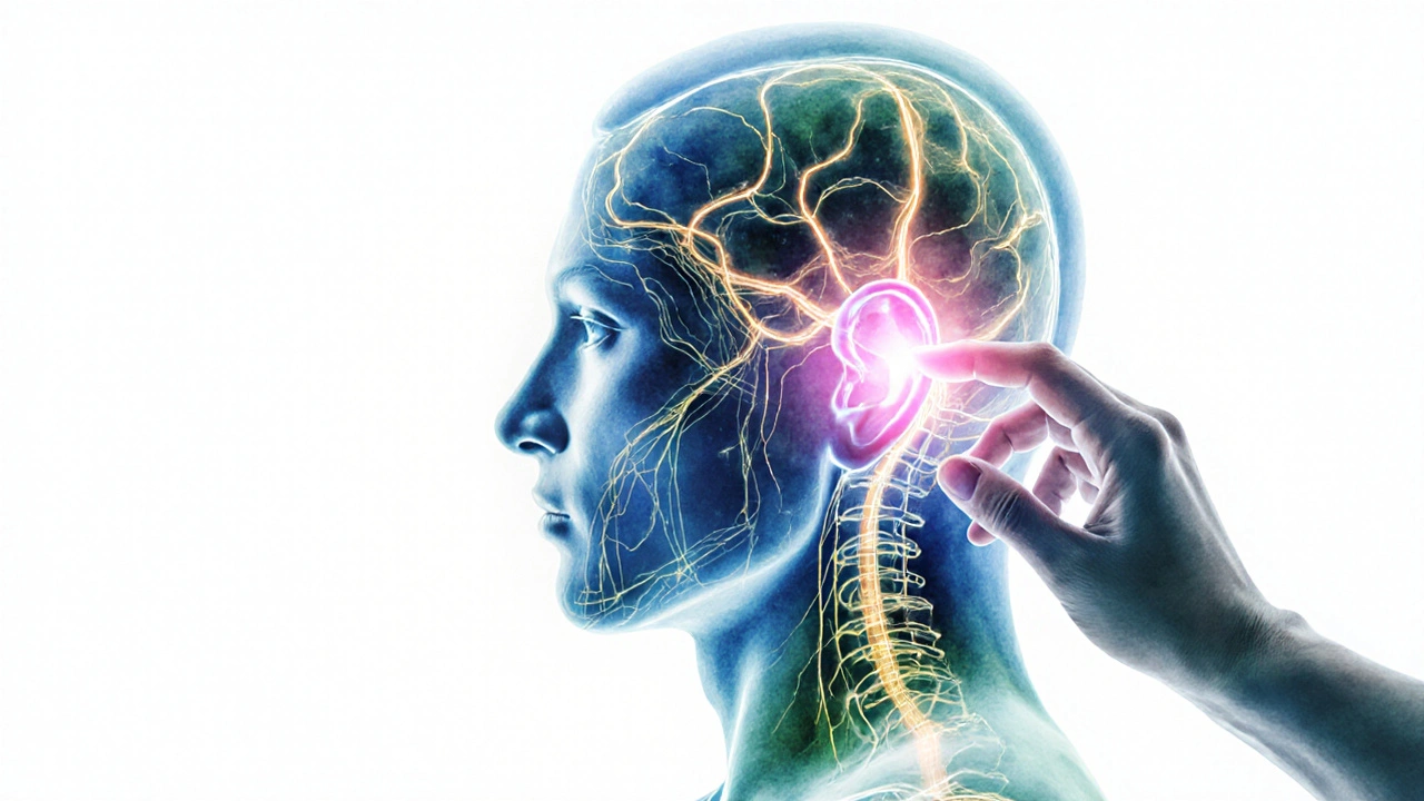 Şeffaf bir vücut silueti üzerinde parlak meridyen çizgileri, Shenmen noktasına basan el ve melatonini simgeleyen parlak beyin.