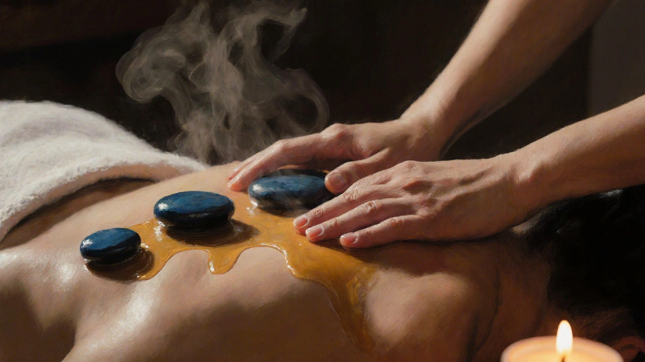 Asyalı bir masaj terapistinin elleri, sıcak taşlar ve mum ışığıyla aydınlatılmış bir sırtta acupressure hareketleri yapıyor.