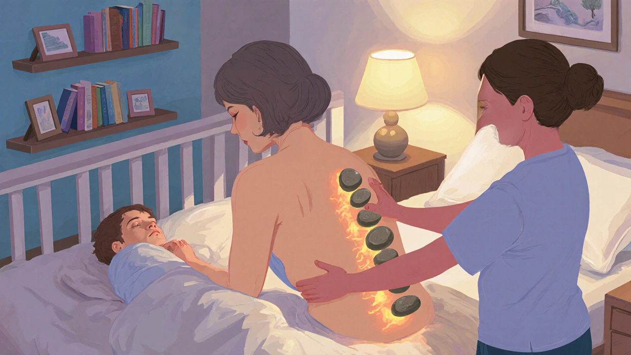 Bir anne, çocuğunun uyuduğu odada sıcak taş masajı alıyor.