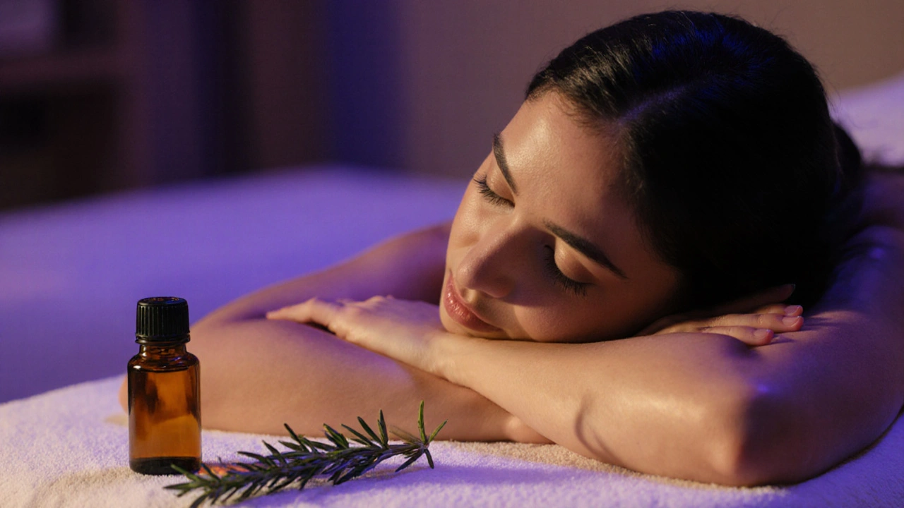 Bir kadın, ylang-ylang yağının etkisiyle duygusal bir salınım yaşarken, masaj masasına başını koydu.