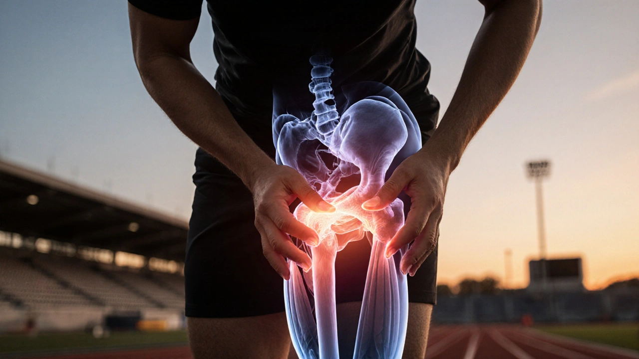 Bir koşucunun kalça kasına masaj uygulanırken kas dokuları ve kan akışı gösteriliyor.