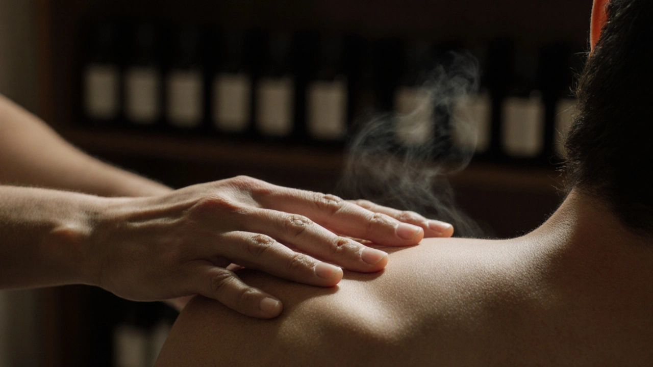 Eller, eukaliptus ve frankincense yağları kullanarak omuz ve boyun masajı yapıyor, yağlar ciltte parlıyor.