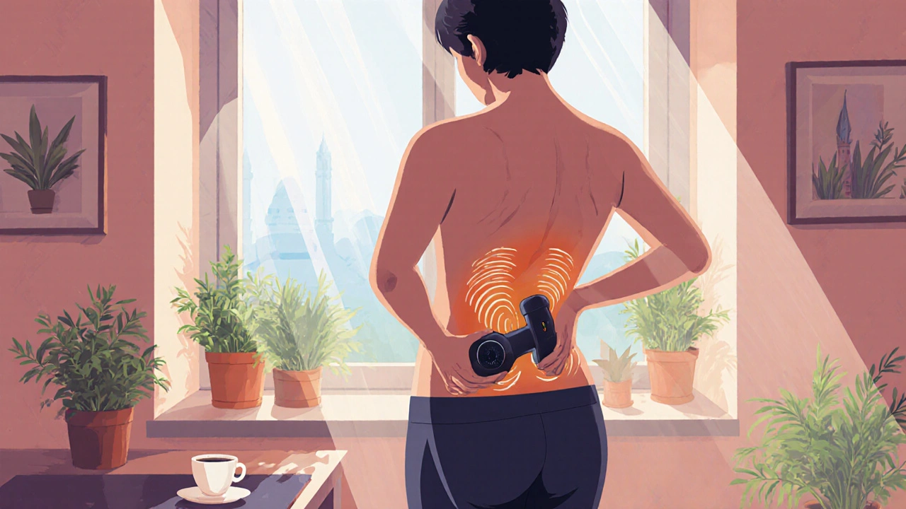 Evde bir kişi, sabah ışığında sırtına hafif percüsyon masaj cihazı kullanıyor.