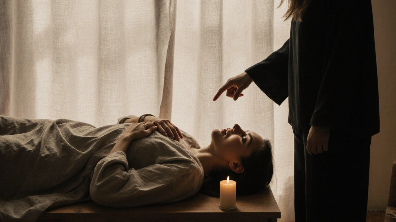 Gözleri kapalı bir kadın, ışıkta parlayan gözyaşlarıyla, masaj yapan kişinin hafif dokunuşunu bekliyor.