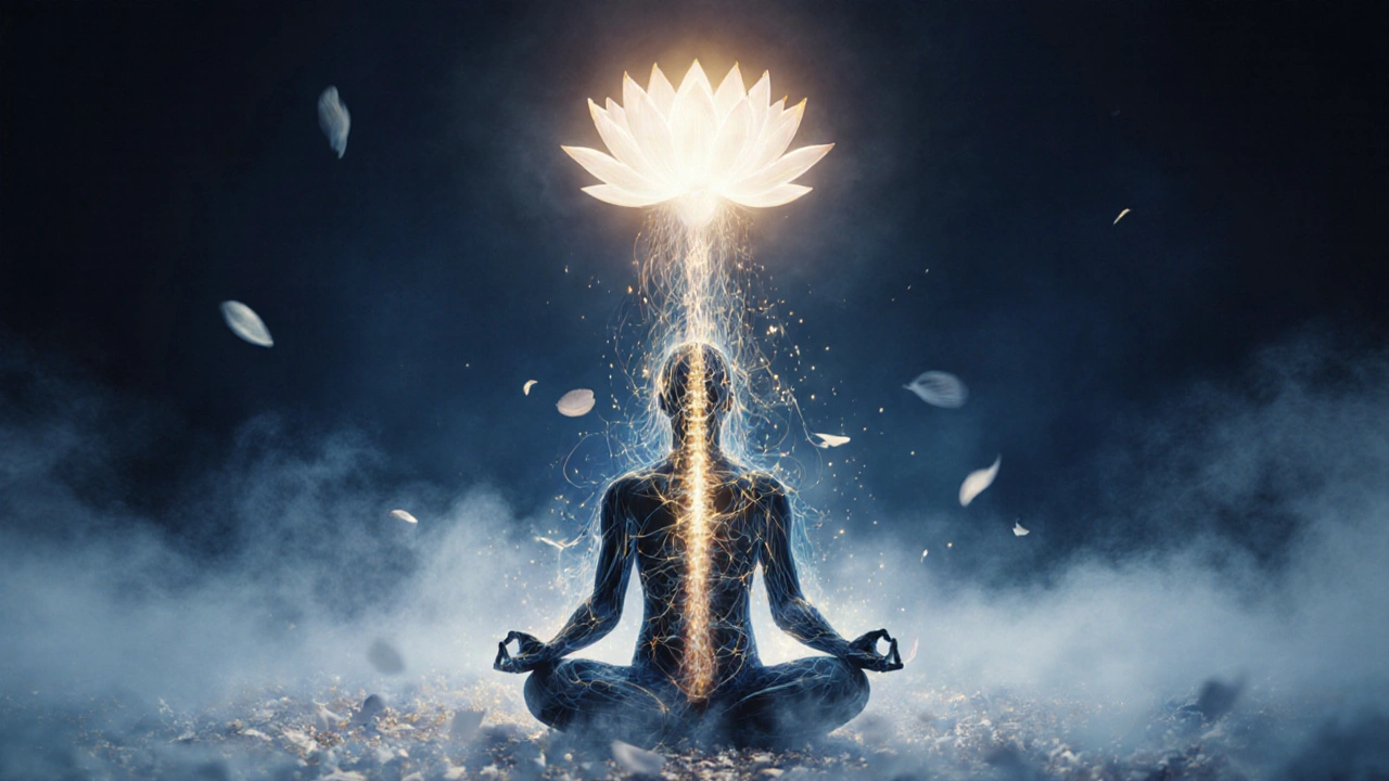 İçsel dönüşümü simgeleyen, enerji akışları ve çiçeklerle çevrili meditasyon figürü.