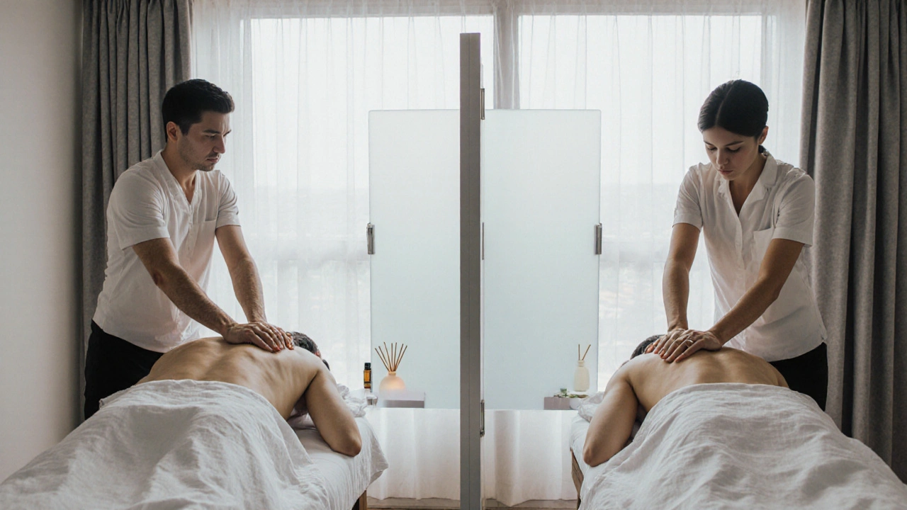 İki ayrı odada aynı anda masaj alan bir erkek ve bir kadın, profesyonel ve etik bir ortamda.