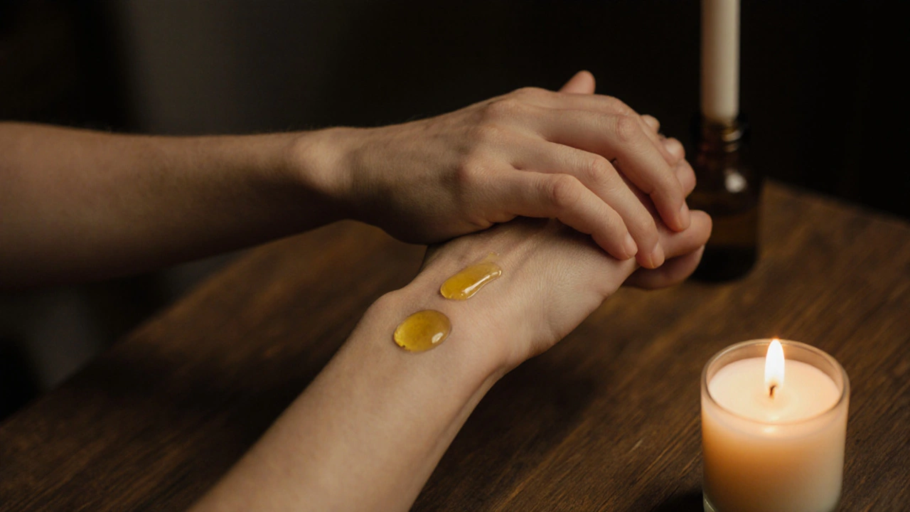 İki el, badem yağıyla hafifçe ovuşuyor, sıcak ışıkta.