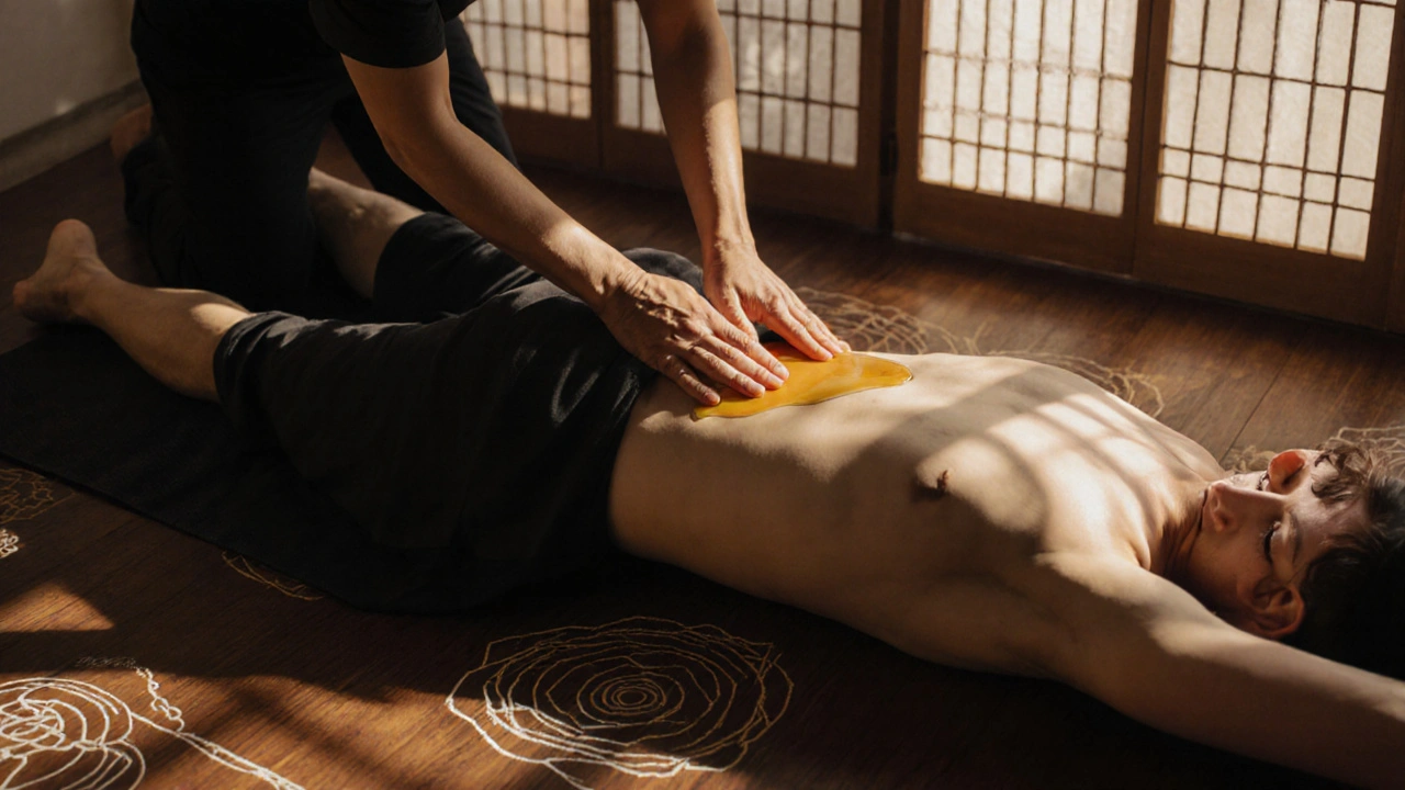 Isıtılmış yağ kullanarak karın ve sacrum bölgesine uygulanan masaj.