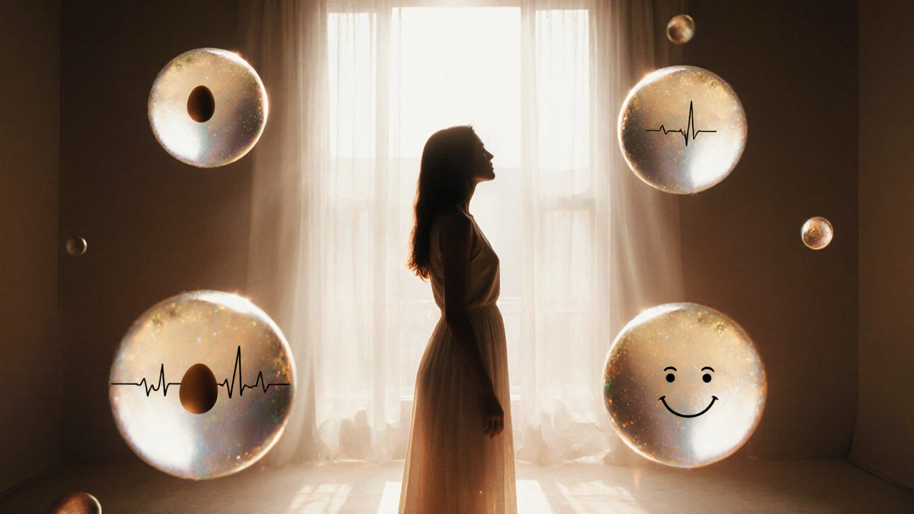 Kadının silueti, kas kontrolü, stres azalması ve farkındalık sembollerini içeren şeffaf kürelerle çevrili.