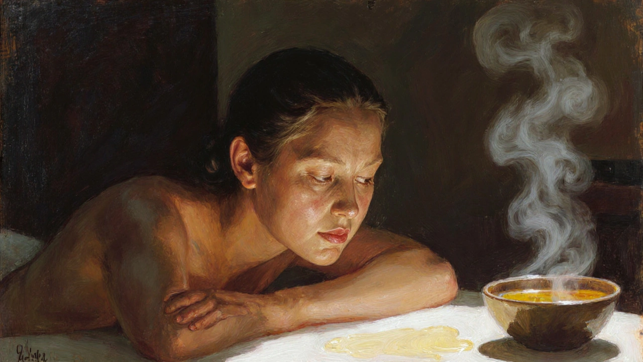 Kapalı gözlerle hafif gözyaşlarıyla, bir kadın masaj masasında tamamen gevşemiş durumda, sıcak yağ ve sessizlik ortamında.