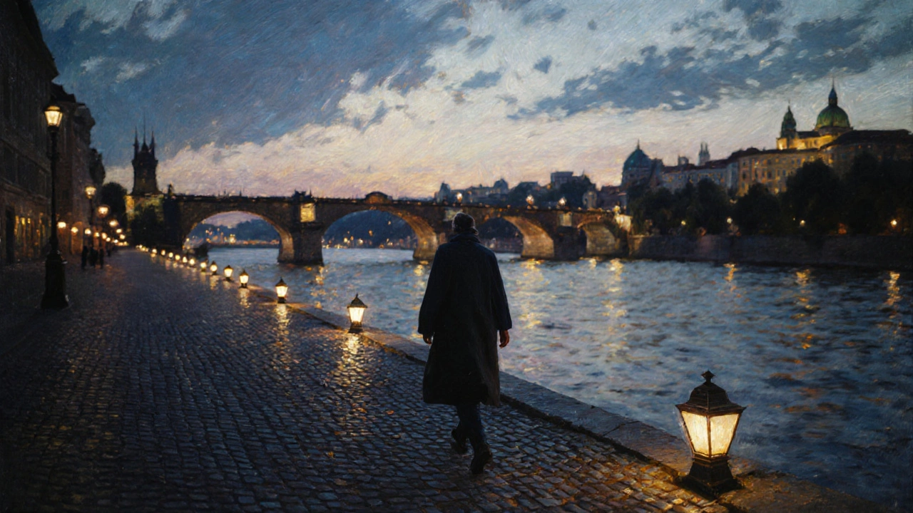 Prag&#039;da Vltava nehri kenarında gecenin sonunda sessizce yürüyen bir kişi, arka planda aydınlatılmış köprü.