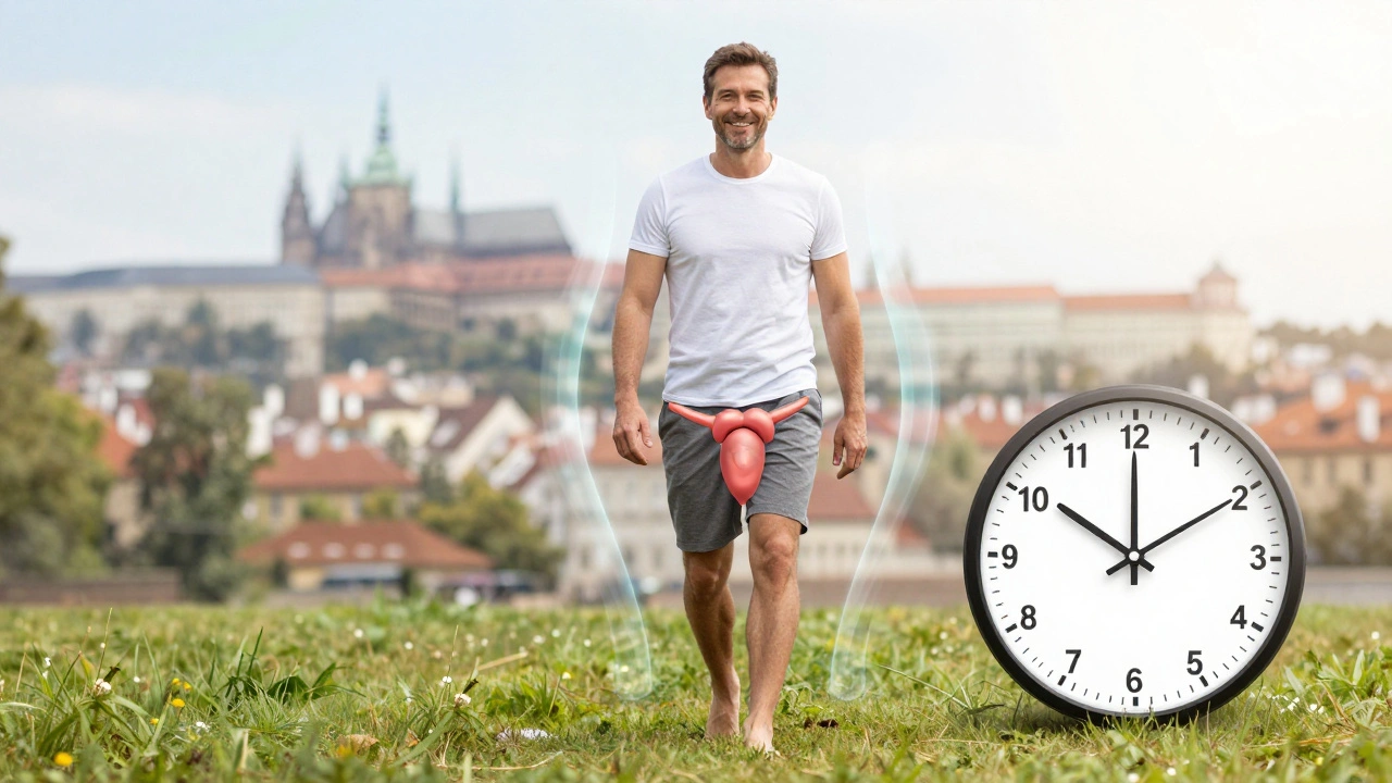 Bir erkek, prostat masajından sonra doğada rahat bir şekilde yürüyor.