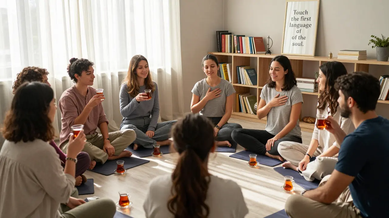 Bir wellness merkezinde sessizce çay içen bir grup insan, yüzlerinde hafif bir dönüşüm ifadesiyle.