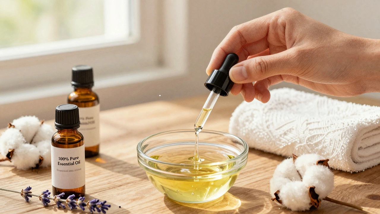 Elde lavanta ve bergamot esansiyel yağları, badem yağıyla karıştırılıyor, doğal ışıkta saf yağlar gösteriliyor.