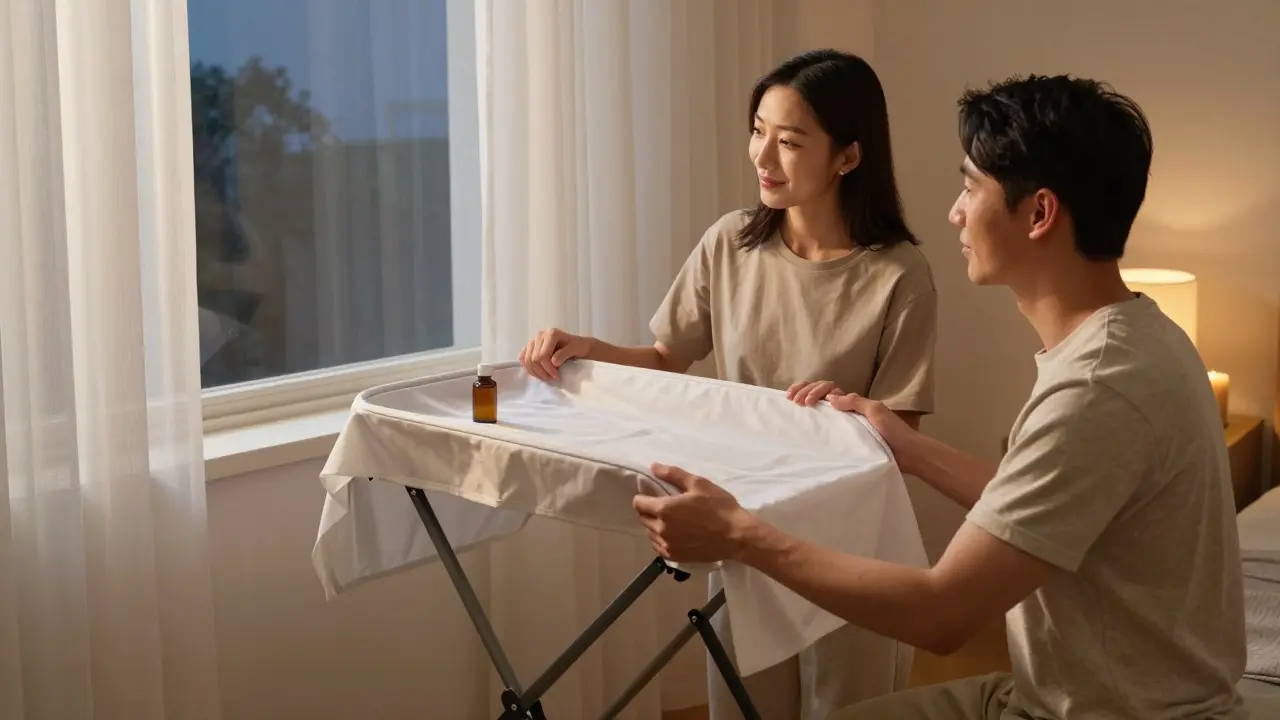 Evde taşınabilir milking masası kurulan bir çift, akşam ışığı ve yağ şişesiyle.