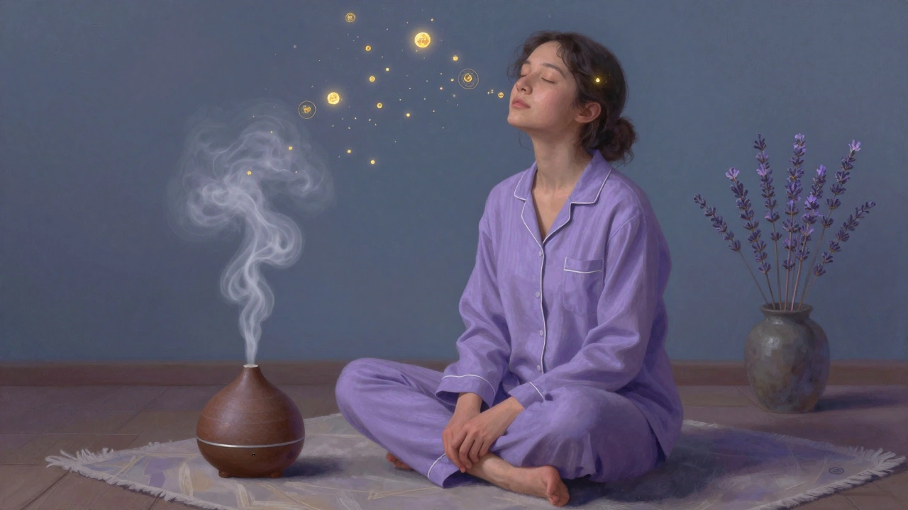 Gözleri kapalı bir kişi, lavanta kokusuyla sakinleşiyor, etrafında huzurun sembolleri yavaşça yükseliyor.