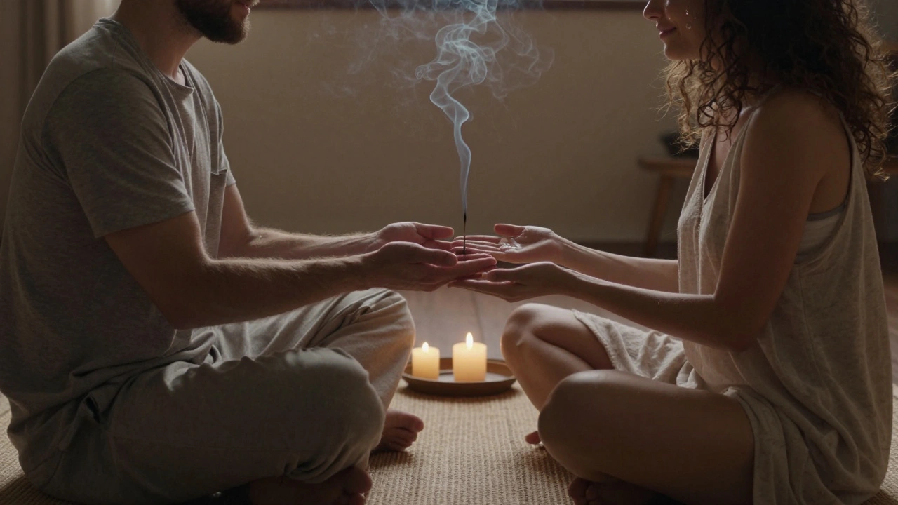 İki kişi sessizce nefes alıyor, elleri birbirine dokunuyor, ışık gözyaşlarını ve gülümsemeyi aydınlatıyor.