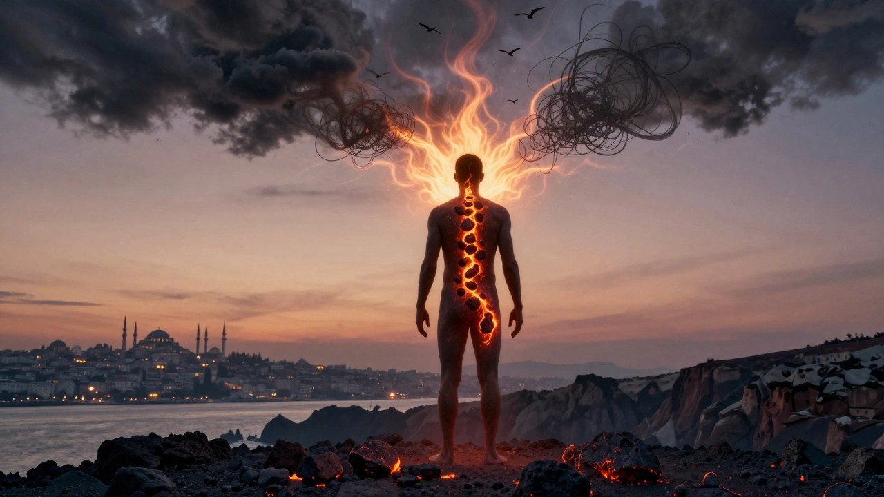 İnsan silüeti, sırtında yayılan ısı dalgalarıyla stresten kurtuluyor.