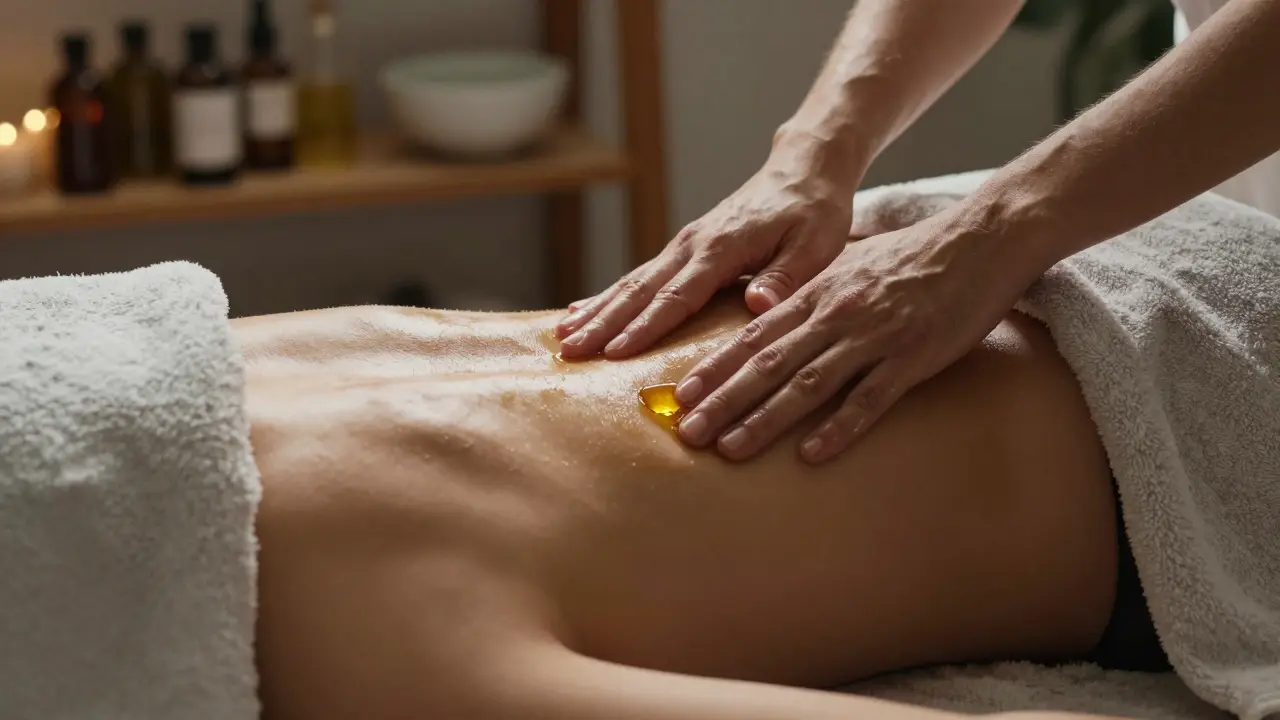 Lomber bölgede sıcak yağla yapılan sensual masajın yakın çekimi, gülümseyen deri ve yumuşak ışıkla.
