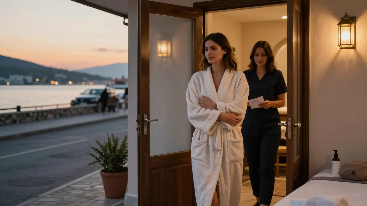 Masaj sonrası salonun eşiğinde gülümseyen bir terapist ve hafifçe giden bir misafir.