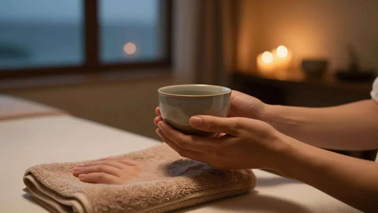 Sıcak bir çay ve masaj sonrası hafif bir dokunuşun sadece bir kahveyle başladığını gösteren detay.