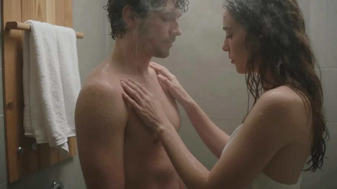 Bir çift, duştan sonra su damlalarıyla parlayan ciltleriyle birbirine dokunuyor.