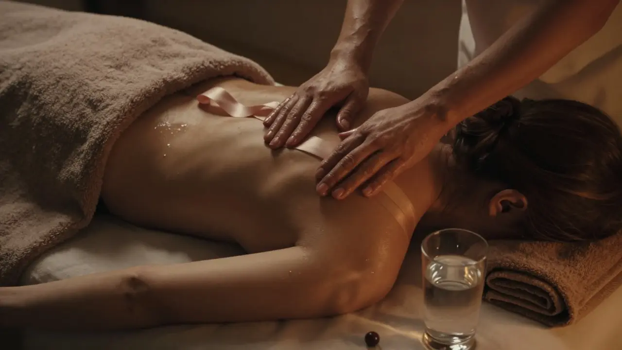 Bir kişi sırtüstü uzanıyor, omzunda hafif bir kumaş şerit, masajcı yumuşak dokunuşlar yapıyor.