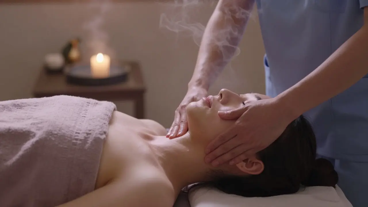 Bir terapist, müşteriye boyun bölgesine nazik lenfatik masaj uyguluyor.