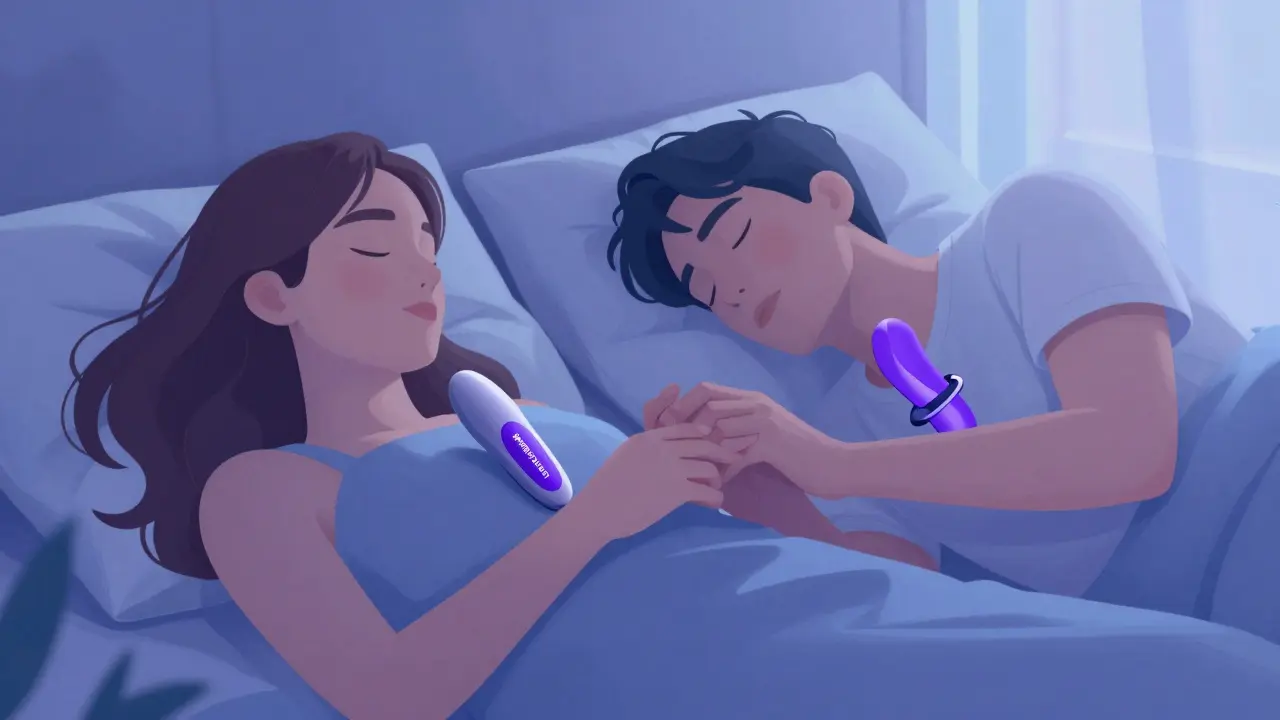 Çift, We-Vibe Chorus cihazını birlikte kullanıyor, intimate bir an yaşarken.
