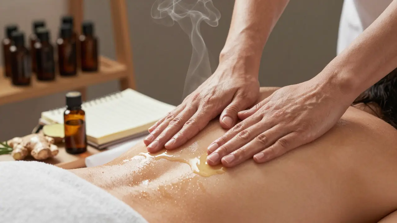 Elde ginger ve rosemary yağıyla sırt masajı yapılıyor, yağlar ciltte parlıyor.
