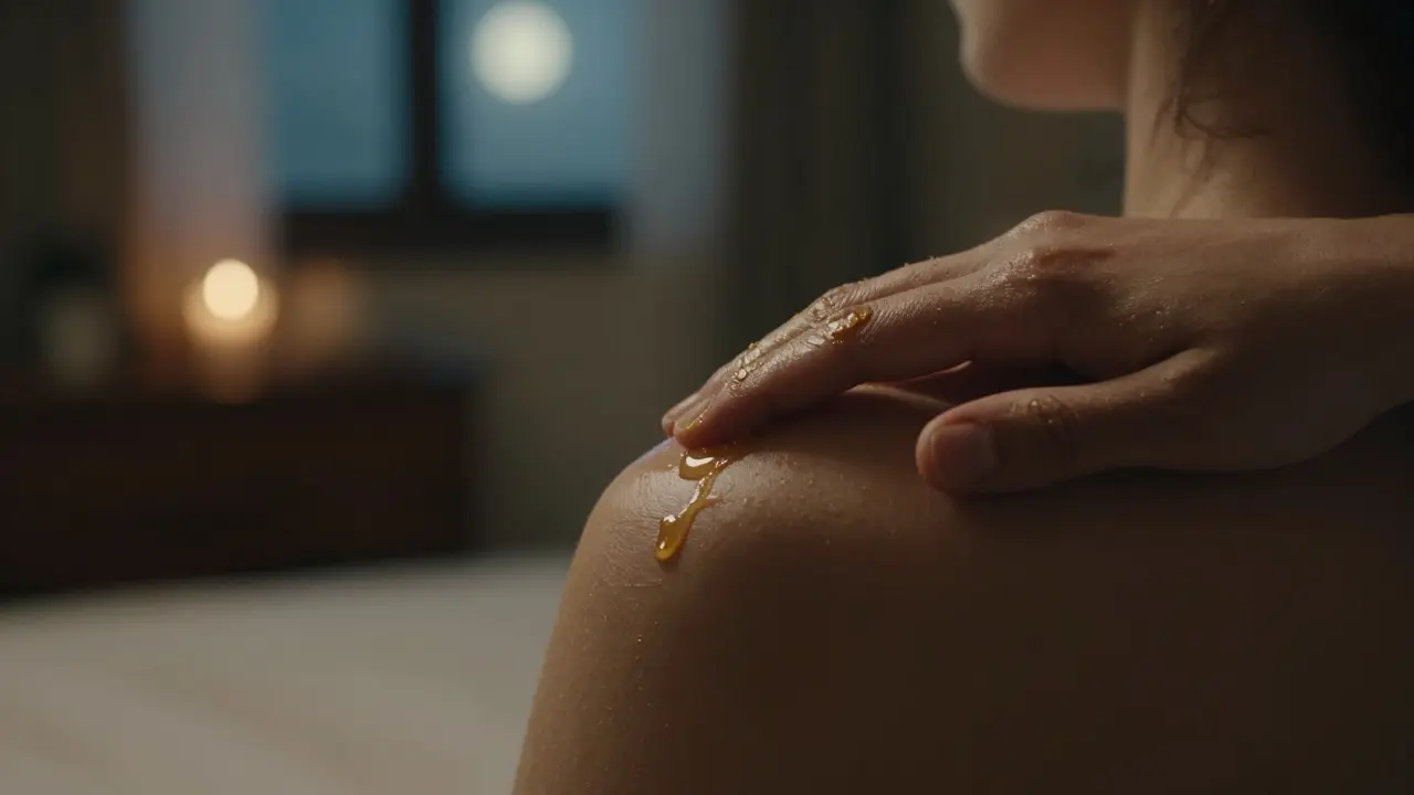 Eldeki yağla omuzda hafif bir dokunuş, yumuşak ışıkta.