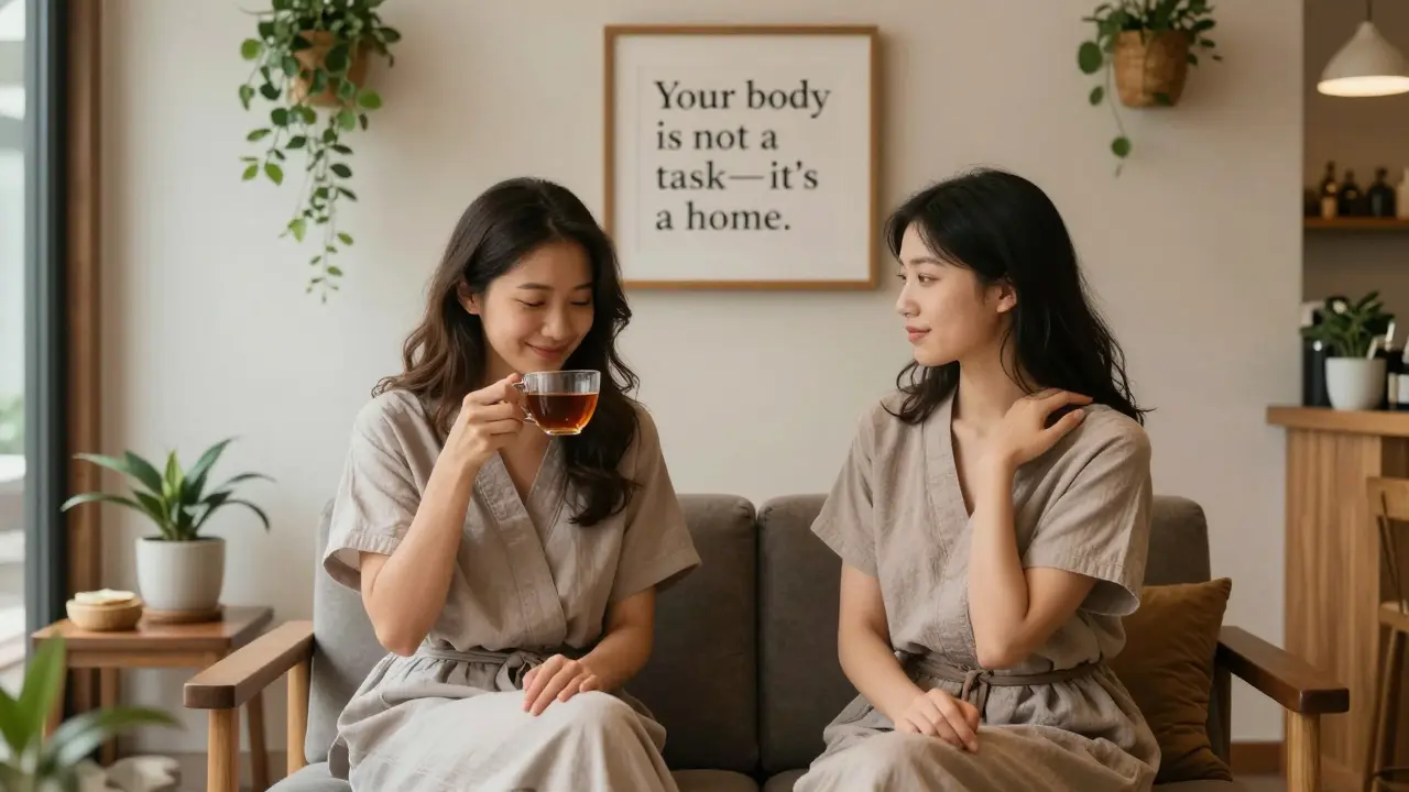 İki kadın, sakin bir spa salonunda birlikte oturuyor, birbirlerine bakmadan kendilerine dönüyor.