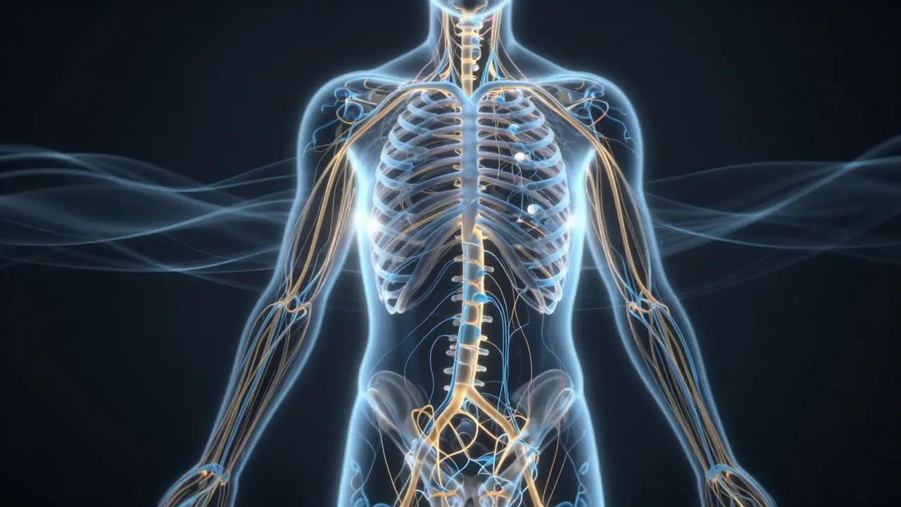 İnsan vücudunda ışıklı lenfatik akışları temsil eden soyut bir görsel.