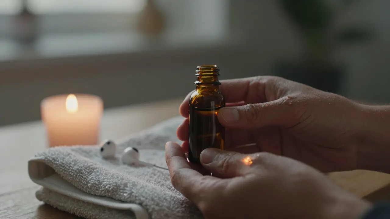 Jojoba yağı damlası ve mum ışığıyla dolu hafifçe katlanmış bir havlu.