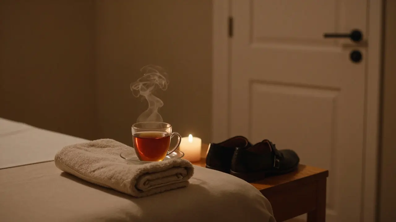 Masaj salonunda çay ve mumla sakin bir ortam.