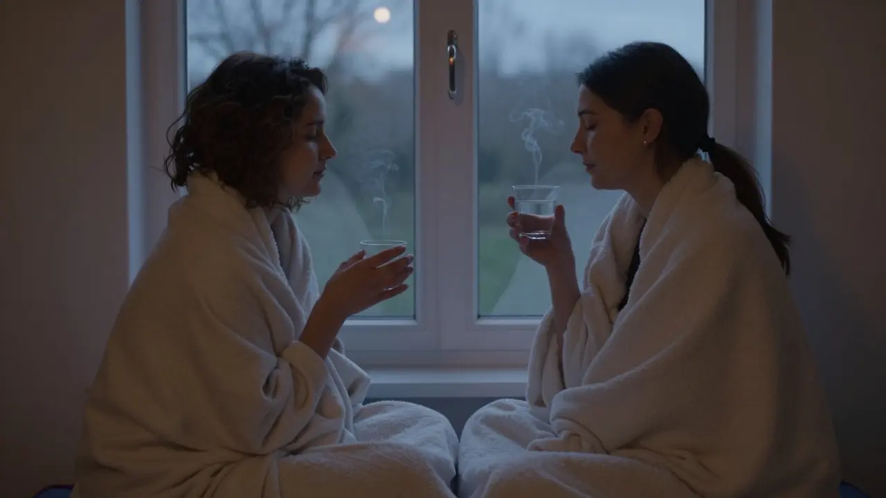 Masaj sonrası, iki kişi sessizce bir battaniyeyle sarılıp, akşam ışığında yan yana oturuyor.
