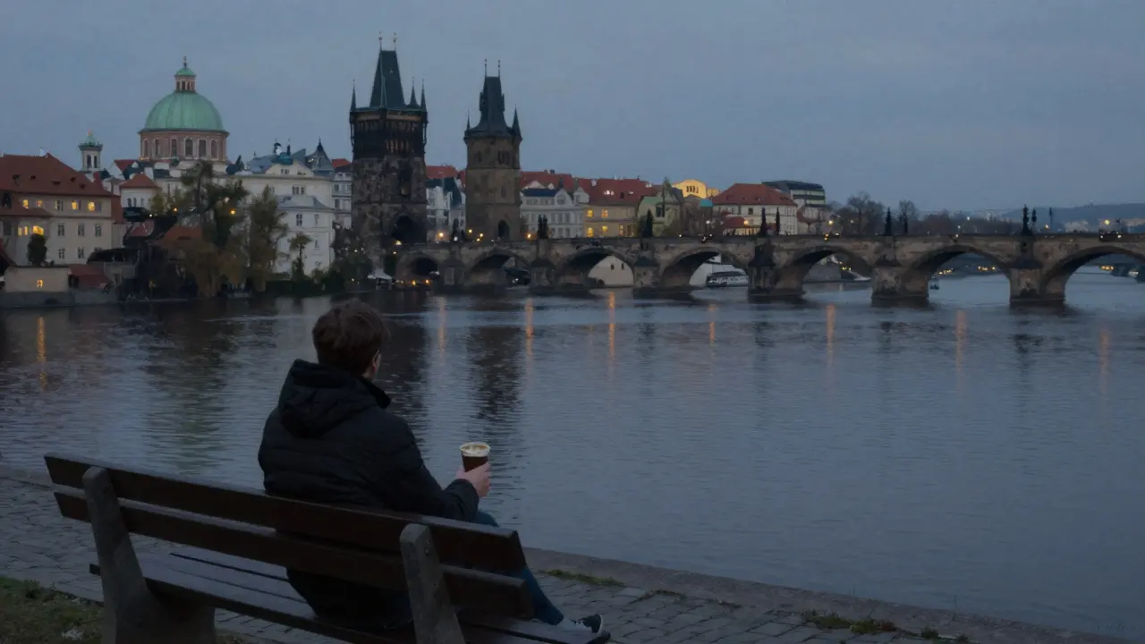 Prag'da Vltava nehri kenarında sessizce oturan bir yolcu.