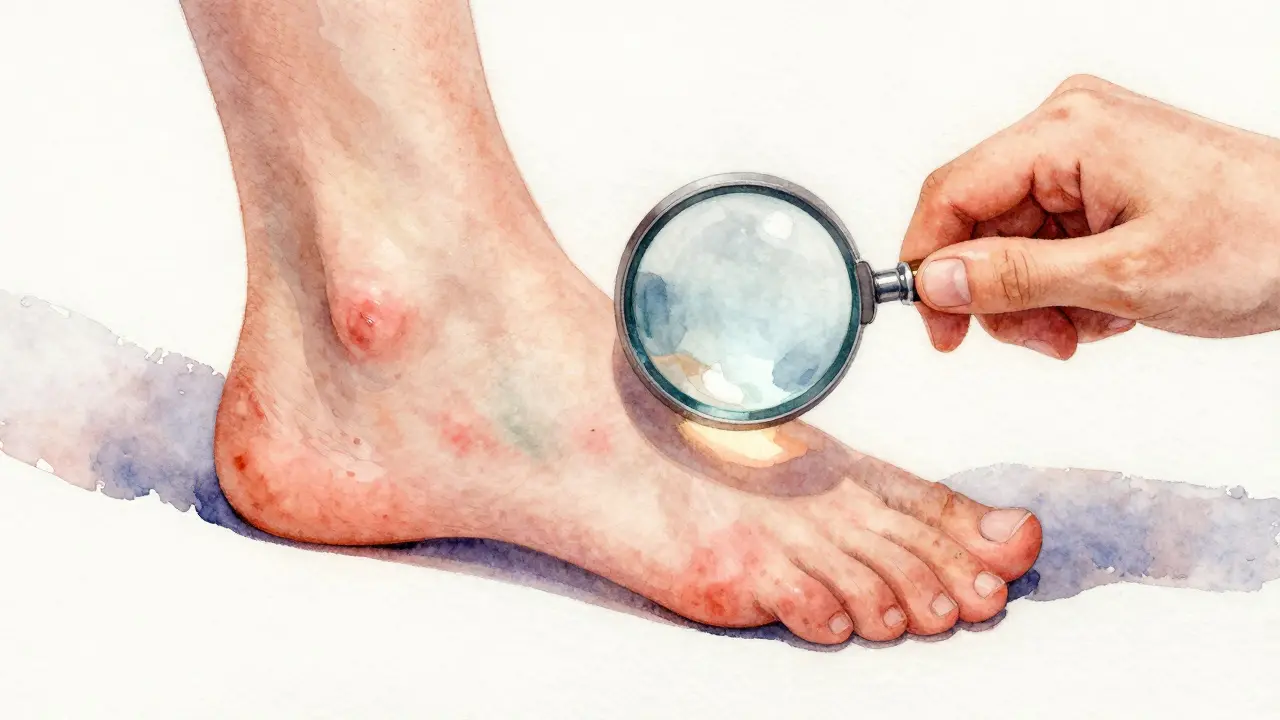 Ayak yarasını kontrol eden bir kişi.