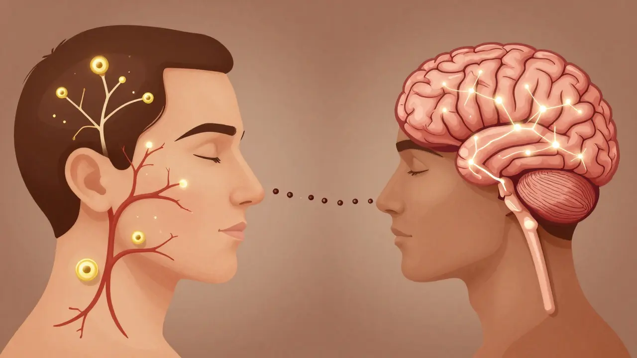 Bir beynin üstünde kokunun nörolojik yolu ve deri emilimi gösteriliyor, sıcak tonlarda sanatsal bir temsilde.