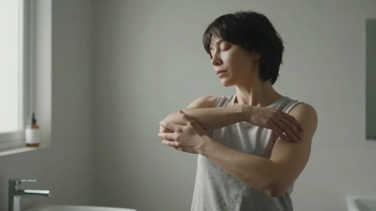 Bir kişi, evde banyoda, kendi içinde bir dansla kendini yeniden keşfediyor.