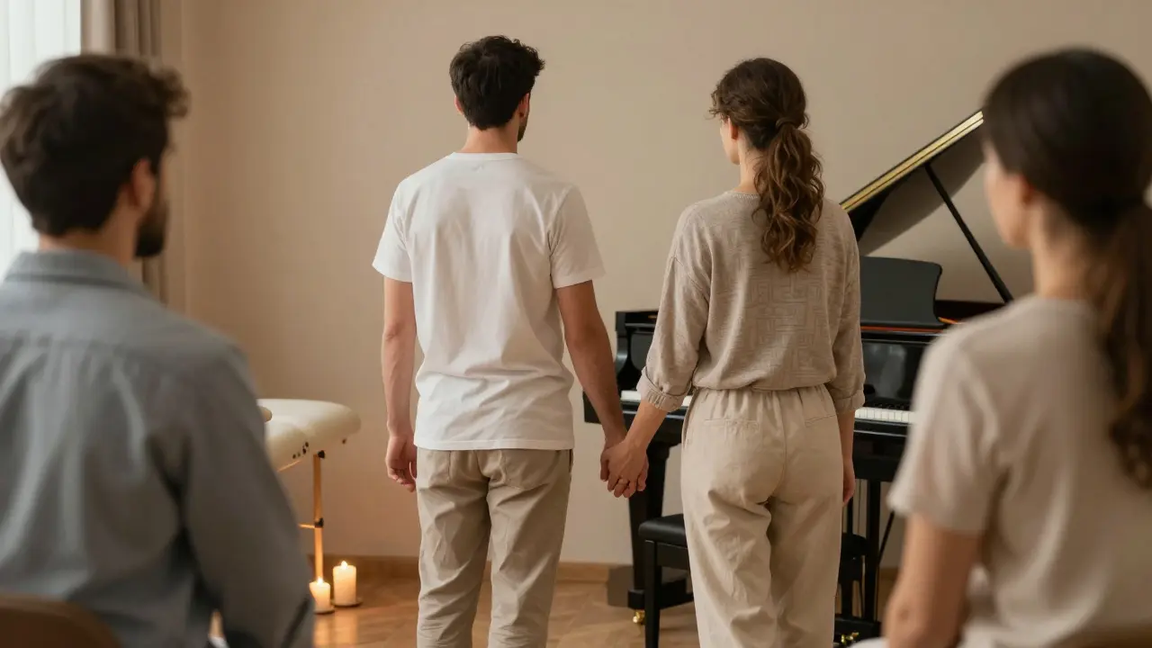 Bir terapist ve müşteri, dokunmadan, sadece ritimle uyum içinde, ılık ışıkta birlikte duruyor.