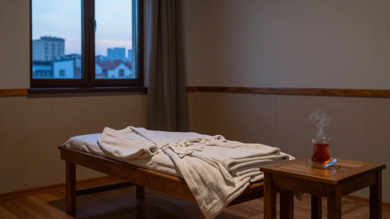 Boş bir masaj odası, akşam ışığıyla aydınlanıyor; masaj örtüsü ve bir çay kupası, yalnızlık ve insani bağ arayışını yansıtır.