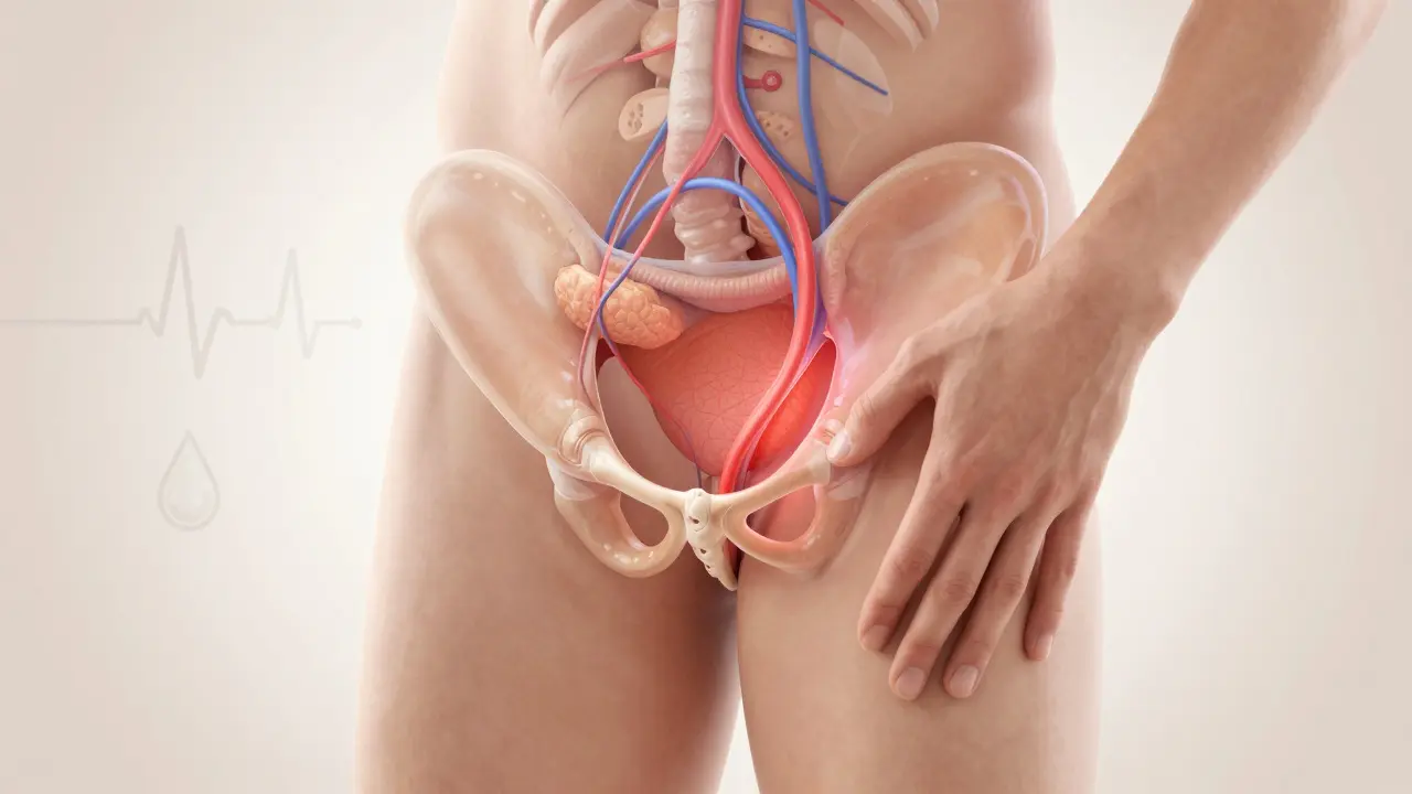 Erkek üreme sistemi anatomisi, prostat bezi ve masaj etkileriyle gösteriliyor.