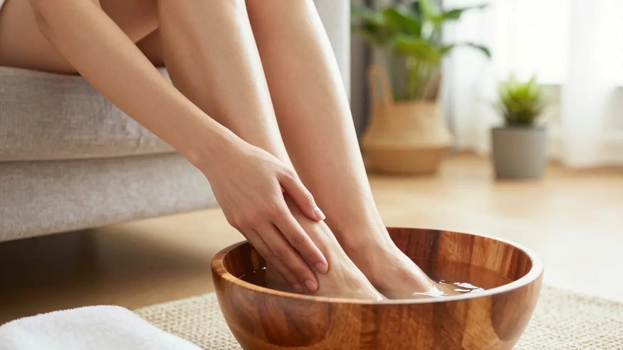 Evde sıcak suya batırılmış ayaklara basıncı uygulayan kadın.