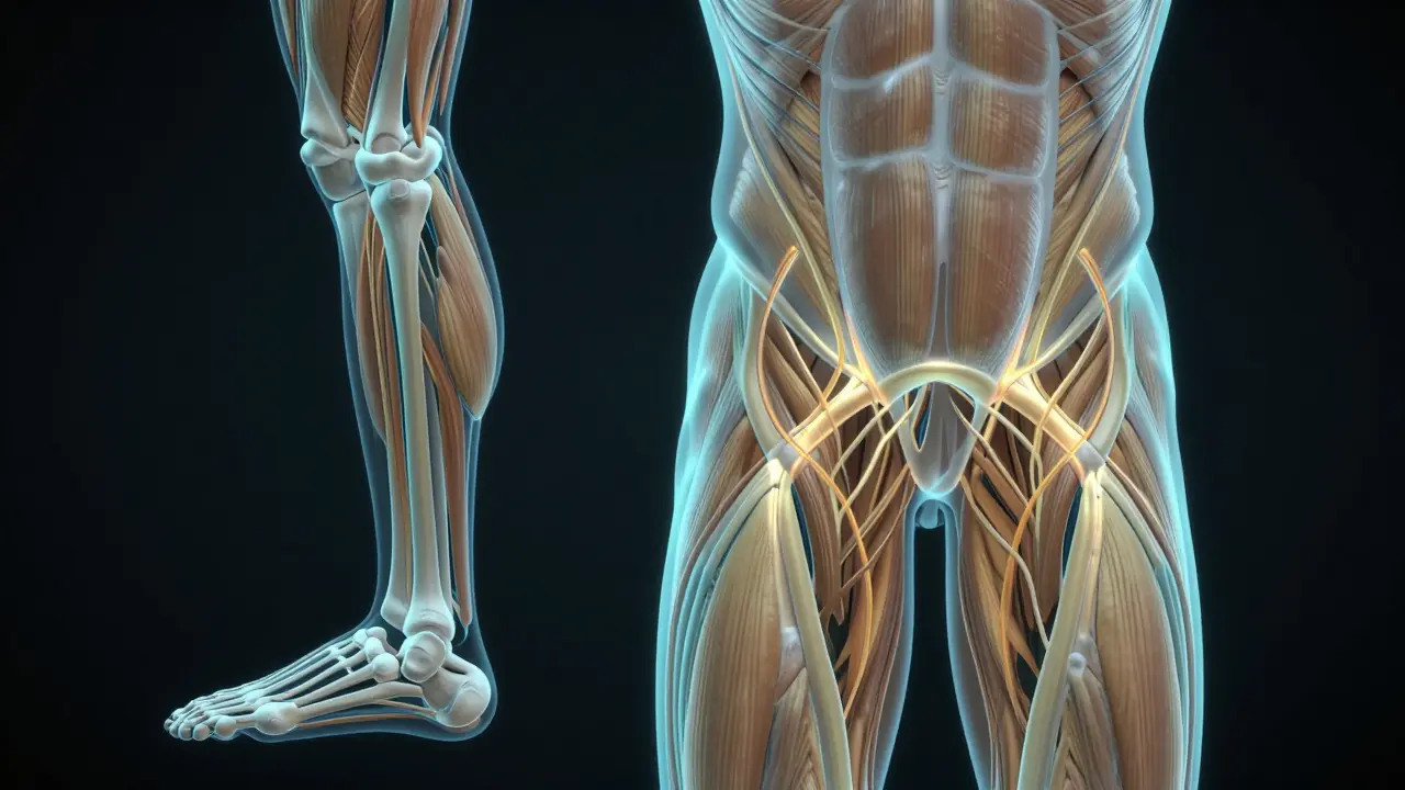 İnsan vücudunun kas ve fascia ağları, hareket zincirini gösteren transparan bir illüstrasyon.