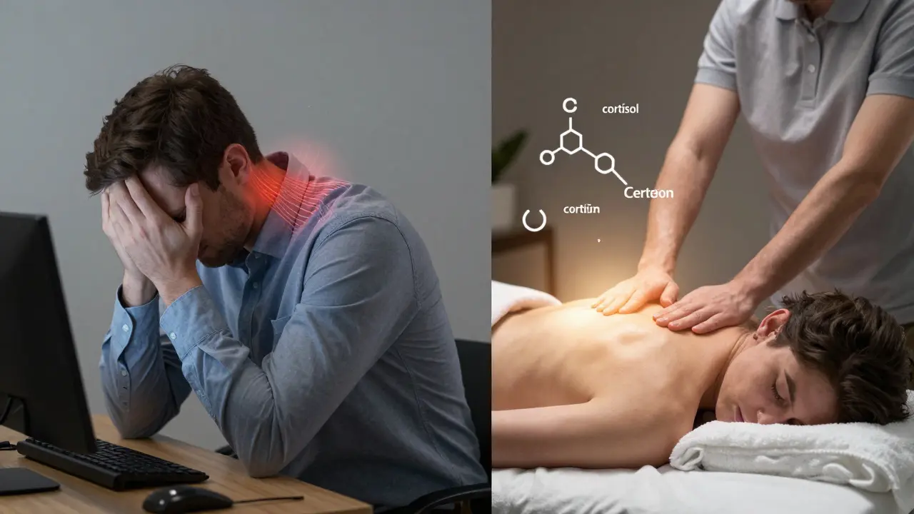 Sol tarafta stresli bir ofis çalışanı, sağ tarafta aynı kişi masaj sonrası huzurla ve ışıkla kaplı, hormon değişimleri sembolik olarak görülüyor.
