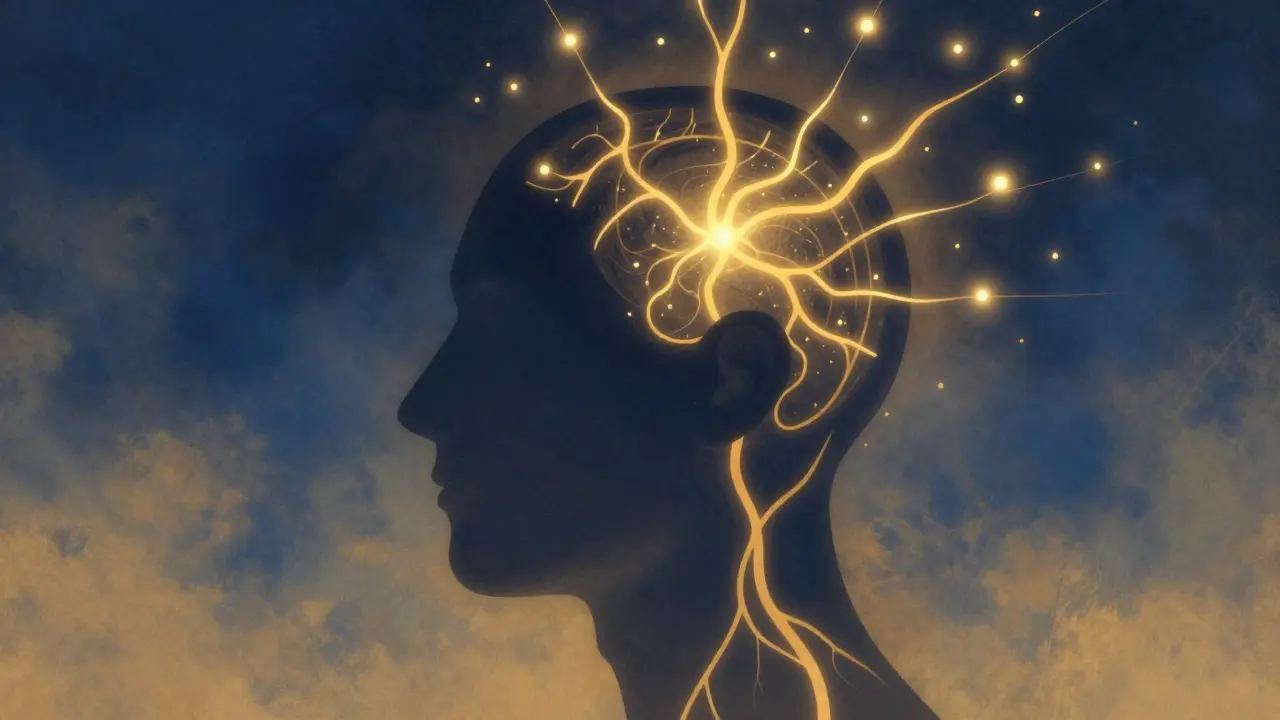 Baş derisinden yayılan ışık yolları, kan akışını ve sinir aktivasyonunu sembolize ediyor.