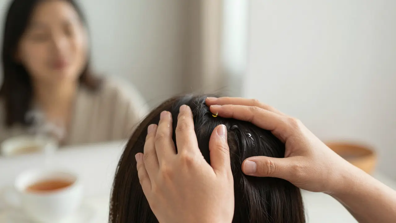 El parmakları saç derisinde dairesel hareketler yapıyor, aynada rahat bir ifade görülüyor.