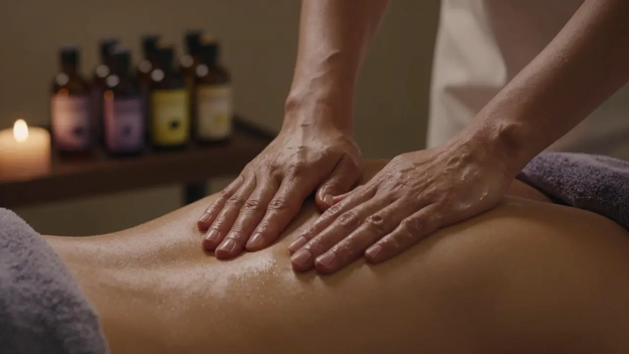 Masajcı'nın elleri, lavanta ve vanilya yağlarıyla sırtta yavaş ve dikkatli bir hareket yapıyor.