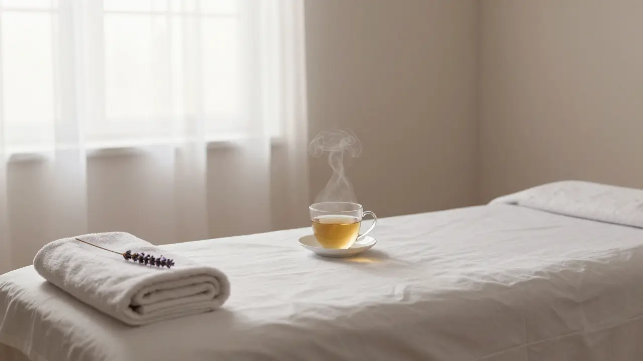 Sabahın ilk ışıklarıyla dolan boş bir masaj odası, bir lavanta çiçeği ve katlanmış bir havlu ile.